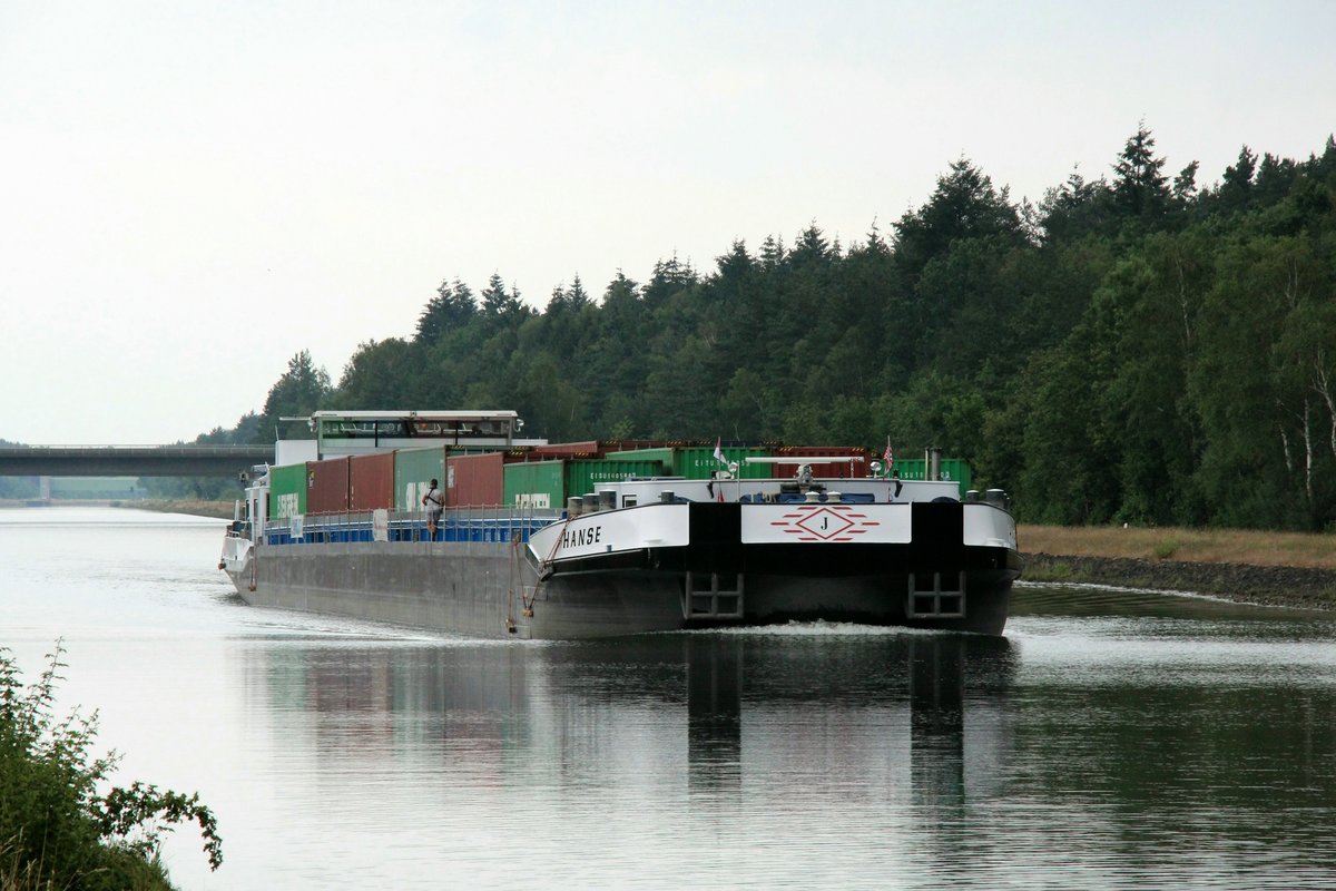 GMS Hanse (04812620 , 100 x 11,45m) , das größte im ESK zulässige  Einzelfahrer-Mass  , am 19.07.2019 im Elbe-Seitenkanal Höhe Hafen Lüneburg auf Bergfahrt.