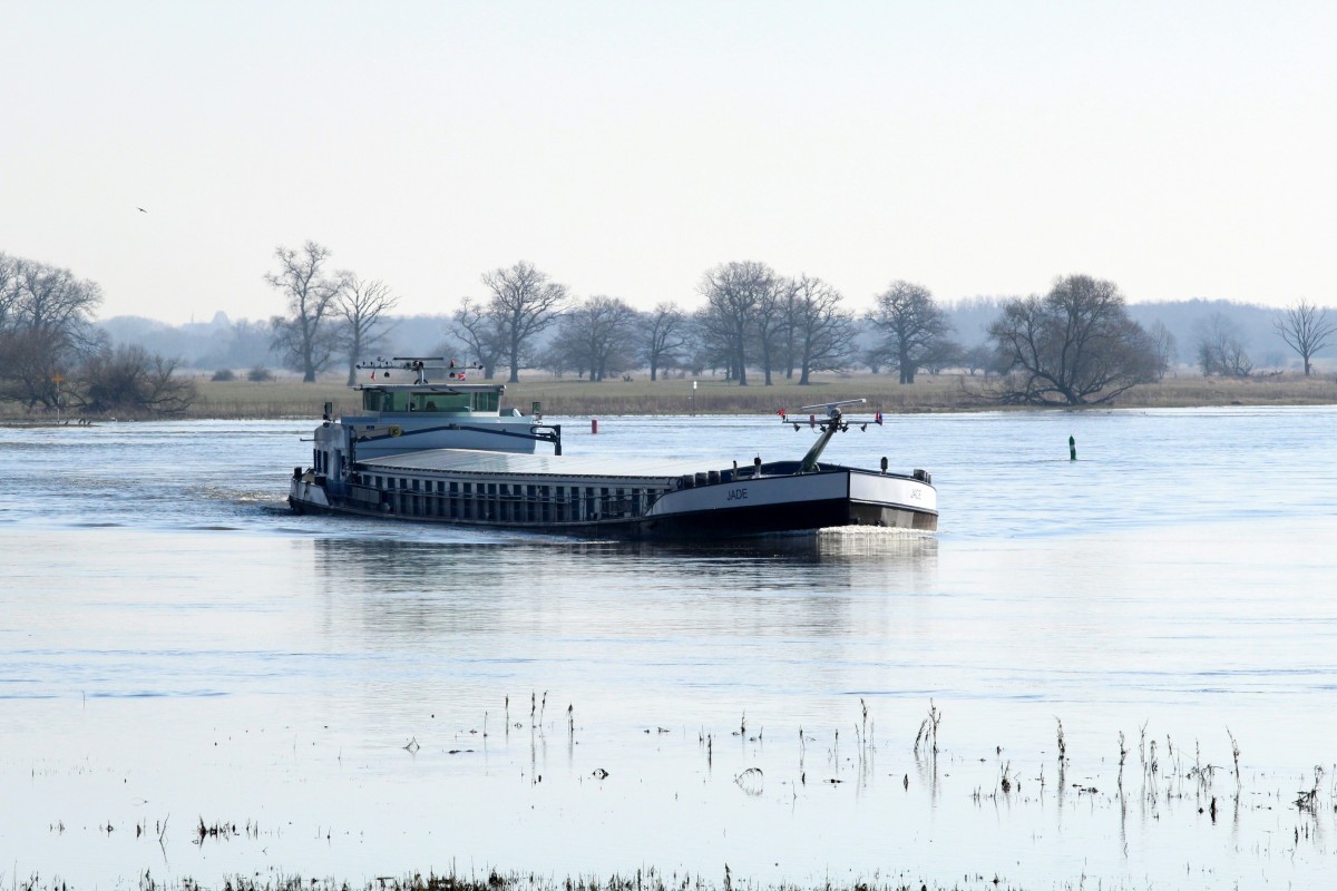 GMS Jade (06003794 , 100 x 9,50m) am 17.03.2016 bei Gnevsdorf auf Elbe-Talfahrt. Dort mündet der Gnevsdorfer Vorfluter bzw. die Havel in die Elbe.