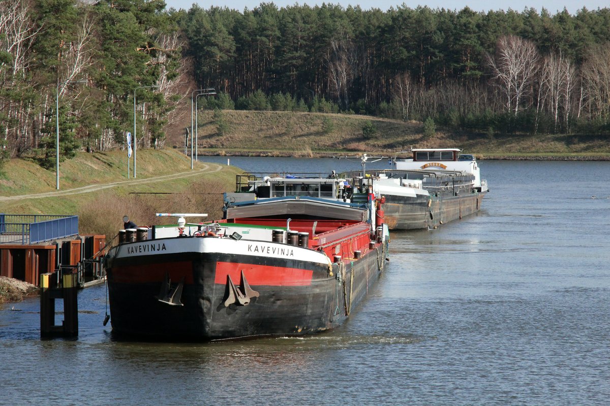 GMS Kavevinja (04607900 , 85 x 9,5m) und GMS Meggy (02307190 , 80 x 9m) , beide kamen von der Doppelschleuse Hohenwarthe , mußten vor der Schleuse Niegripp am 18.03.2020 anlegen. 