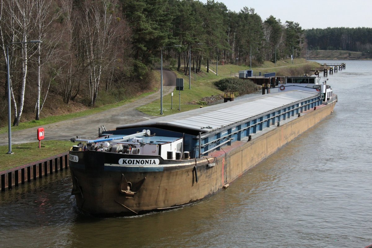 GMS Koinonia (02320325 , 84,50 x 8,20m) am 18.03.2020 im Niegripper Verbindungskanal bei der Einfahrt in die gleichnamige Schleuse.