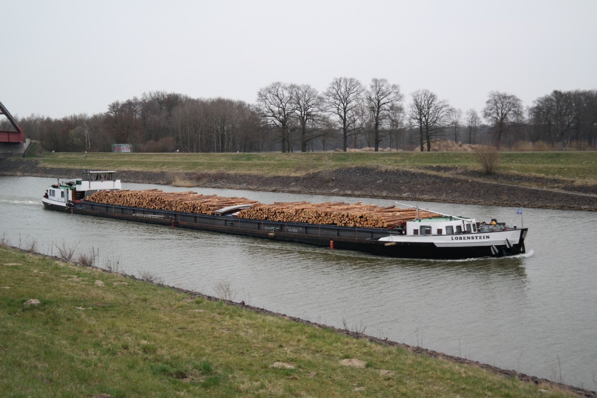 GMS LOBENSTEIN, Hamburg, ENI 04015540, mit Holz beladen auf dem Elbe-Seiten-Kanal von der Elbe bei Artlenburg kommend in Richtung Schiffshebewerk Lüneburg; 28.03.2015
