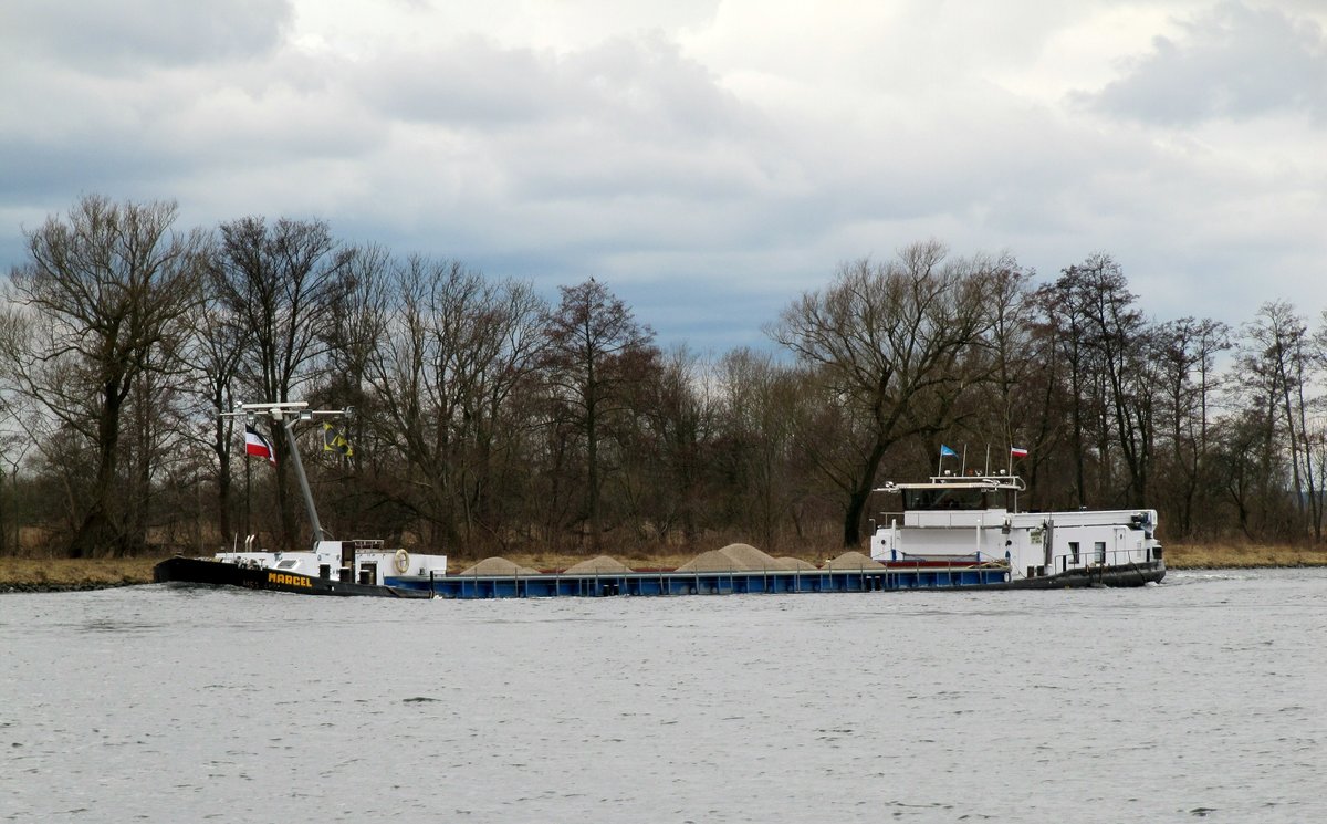 GMS Marcel (04030900 , 66,84 x 8,19m) am 13.03.2018 auf der Unteren Havelwasserstrasse am Abzweig des Havelkanales auf Bergfahrt nach Berlin.