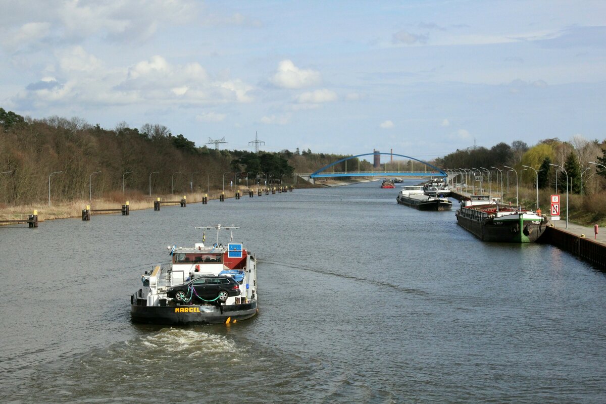 GMS  MARCEL  (04030900 , 66,84 x 8,19m) am 23.03.2023 nach dem Verlassen der Südkammer Schleuse Wusterwitz im Unterwasser /  ELBE-HAVEL-KANAL mit Reiseziel Berliner Westhafen.