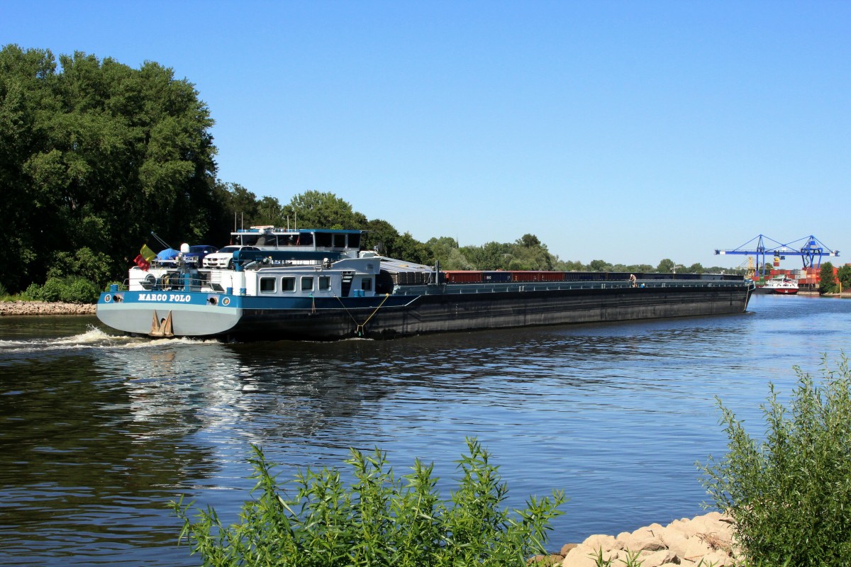 GMS MARCO POLO (02327327 , 135 x 11,45m) am 10.07.2015 bei der Einfahrt in den Main bei Mainz auf Bergfahrt.