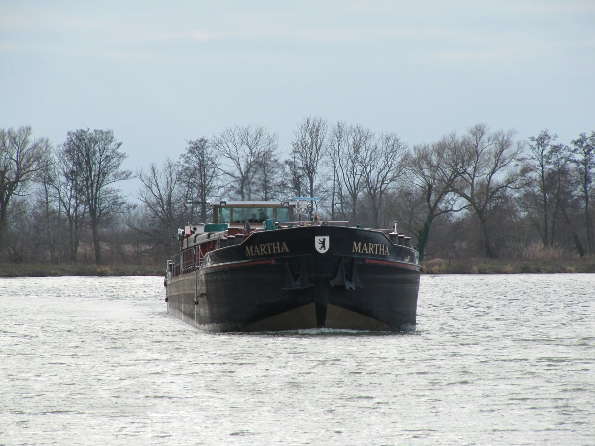 GMS Martha (04007590 , 80 x 8,20m) am 29.01.2020 , vom Sacrow-Paretzer-Kanal zu Tal kommend, bei der Einfahrt in den Havelkanal zu Berg.