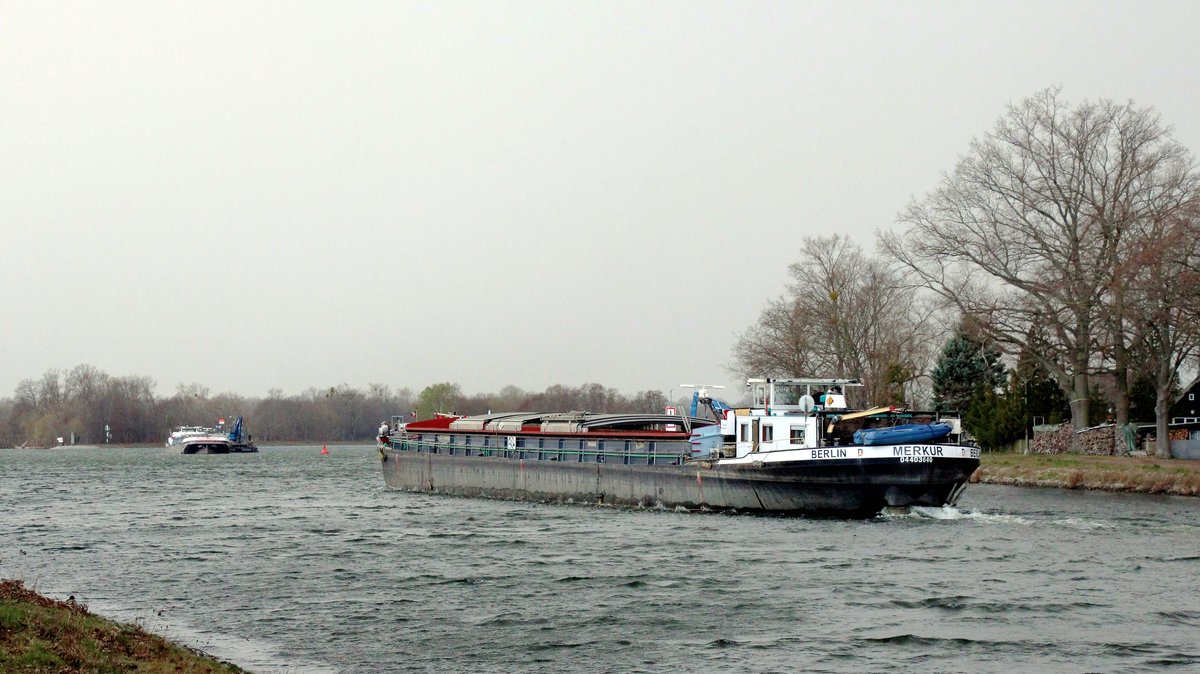 GMS  MERKUR  (04403640 , 80 x 8,20m) am 06.04.2021 im Sacrow-Paretzer-Kanal / UNTERE HAVEL-WASSERSTRASSE Höhe km 27 / Schlänitzsee auf Talfahrt. Im Fahrwasser lag das GMS Petershagen (05501660) an einem Schwimmbagger.