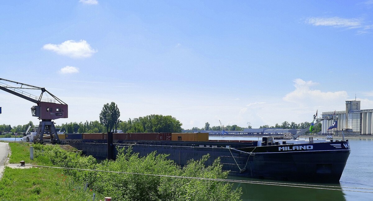 GMS Milano, im Hafen von Breisach am Rhein, L=135m, Tonnage 3946t, 2x1218PS, Baujahr 2009, Heimathafen Dordrecht/NL, Juni 20224