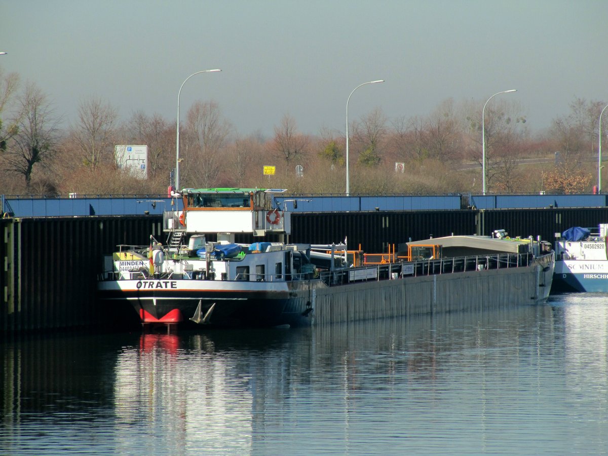 GMS Otrate (04403460 , 80 x 9,50m) am 27.02.2019 im Unterwasser der Schleuse Rothensee auf die Bergschleusung zum Mittellandkanal wartend.