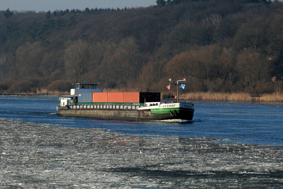 GMS Pankgraf (04012520 , 85 x 8,95m) am 14.02.2017 mit einer Ladung Container auf der Elbe bei Artlenburg zu Berg. 