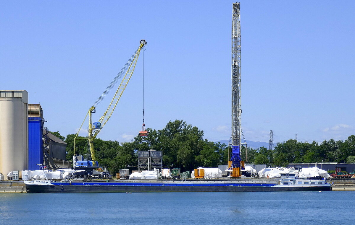 GMS Perficio, ENI 02328752, wird im Rheinhafen Neubreisach (Neuf-Brisach) beladen, Juni 2025