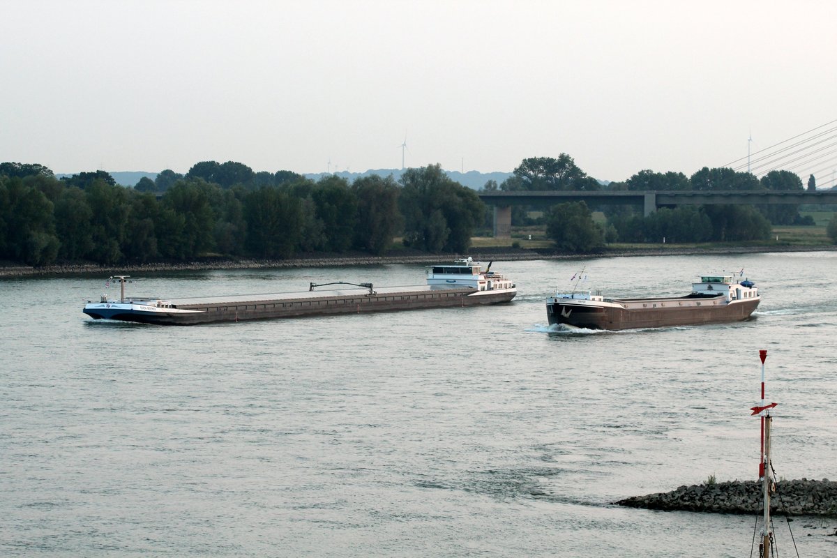 GMS Rapide (02318511 , 80 x 8,24m) überholte am 05.07.2017 das GMS San-Remo (02327133 , 135 x 11,45m) auf dem Rhein zu Berg Höhe Rees.