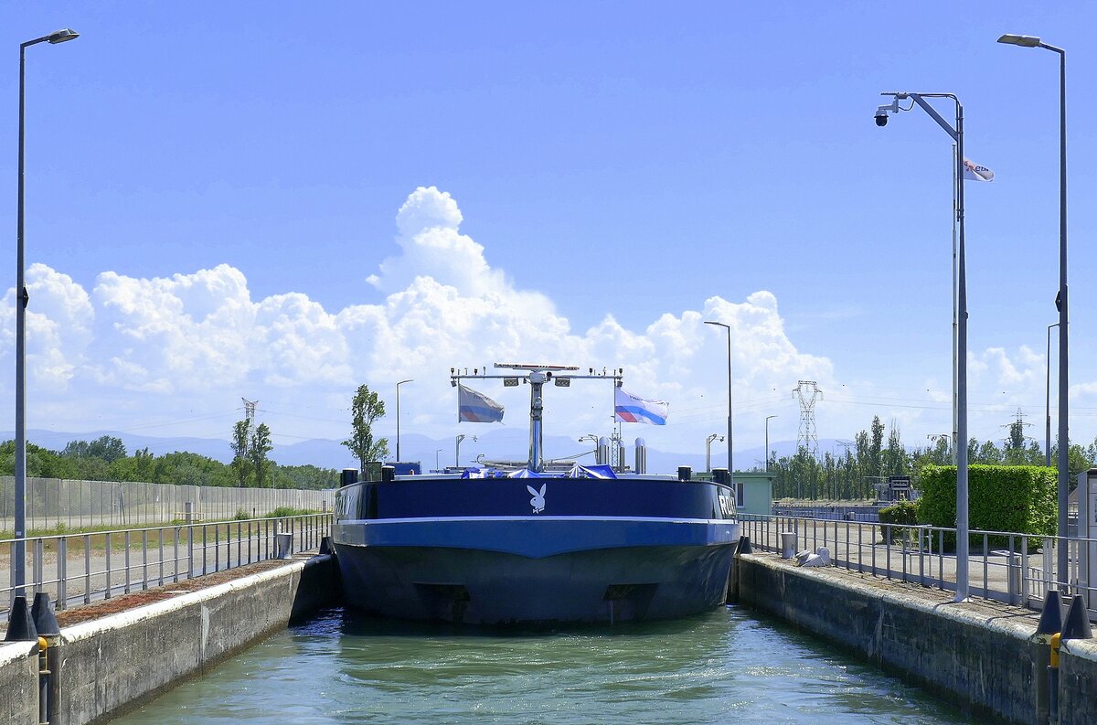 GMS ROXY ENI 02336158 rheinabw�rts bei der Einfahrt in die Schleuse Vogelgr�n/Elsa�, Mai 2026