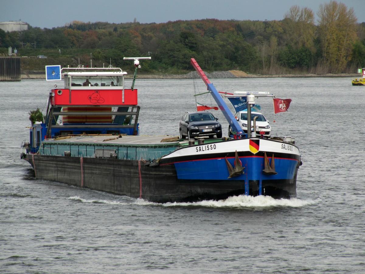 GMS Salisso (04602710 , 67 x 8,20) am 22.10.2014 beim Rhein-km 671 auf Bergfahrt. Das recht bunte GMS ist in Mannheim gemeldet.