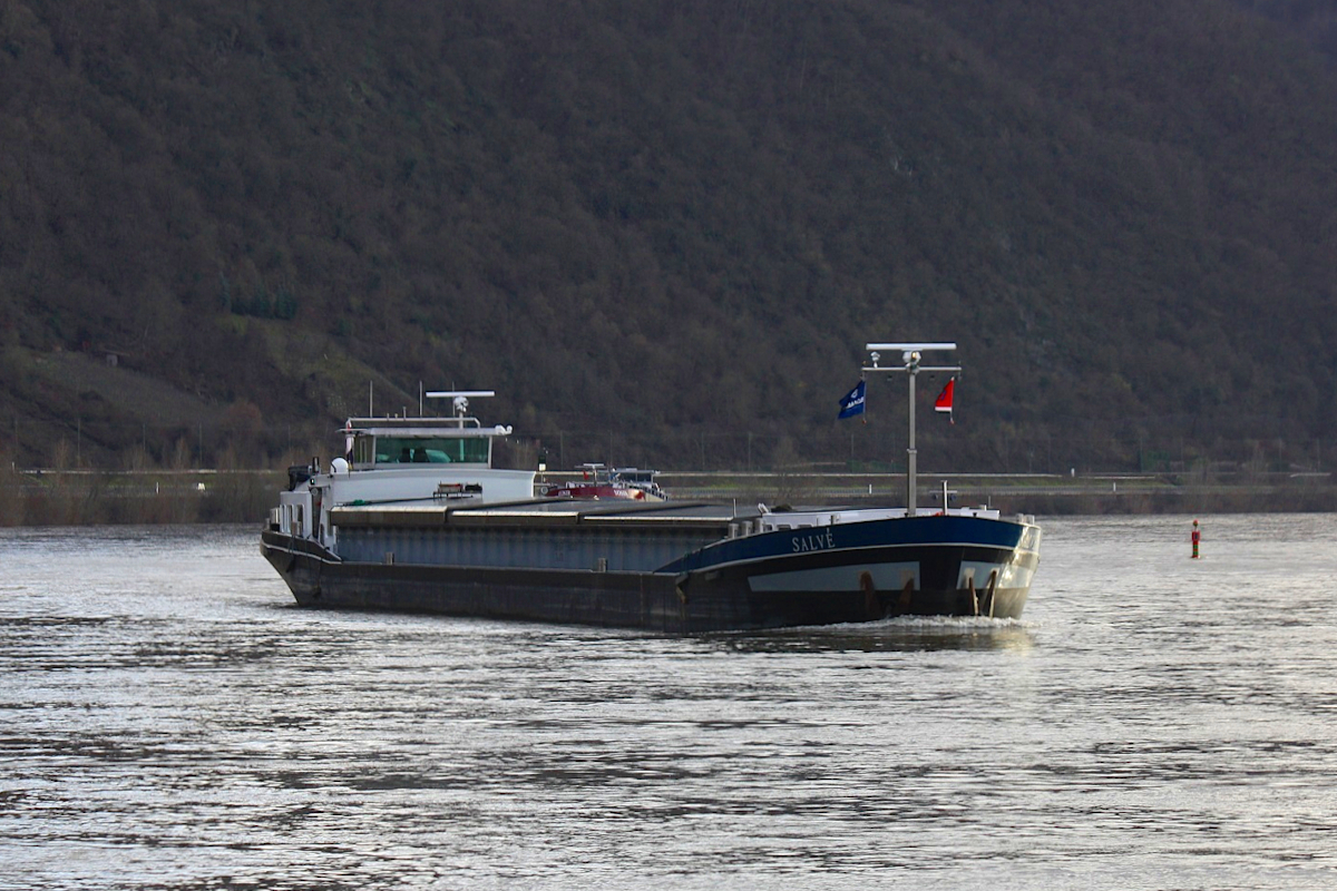 GMS SALVE (ENI:02318352) L.84,47 m B.9,50 m T.1704 Flagge Niederlande auf dem Rhein zu Tal am 27.12.2022 bei Braubach.