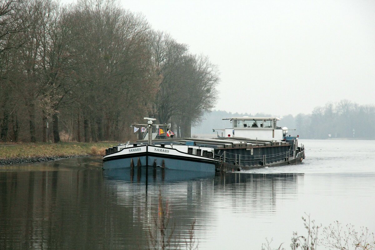 GMS  SAMARO  (04601590 , 80 x 9,50m) am 11.01.2022 auf Bergfahrt im Sacrow-Paretzer-Kanal /  UNTERE HAVEL-WASSERSTRASSE  zw. Schlänitzsee und Marquardt. 