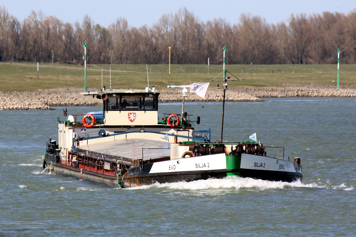 GMS SILJA 2 (ENI:08451019) L.71,50 m B.9,34 m T 882 Baujahr 1968 Flagge Tschechien auf dem Rhein am 19.03.2022 in Xanten zu Berg.