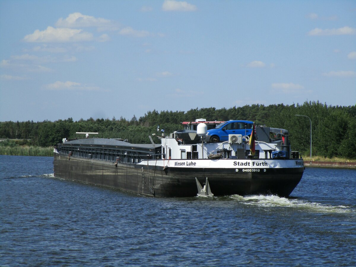 GMS  STADT-Fürth  (04003910 , 100 x 9m , jetzt mit neuen HO : Winsen / Luhe) am 12.08.2022 im Oberwasser der Schleuse Wusterwitz /  ELBE-HAVEL-KANAL  zu Tal Richtung Genthin.