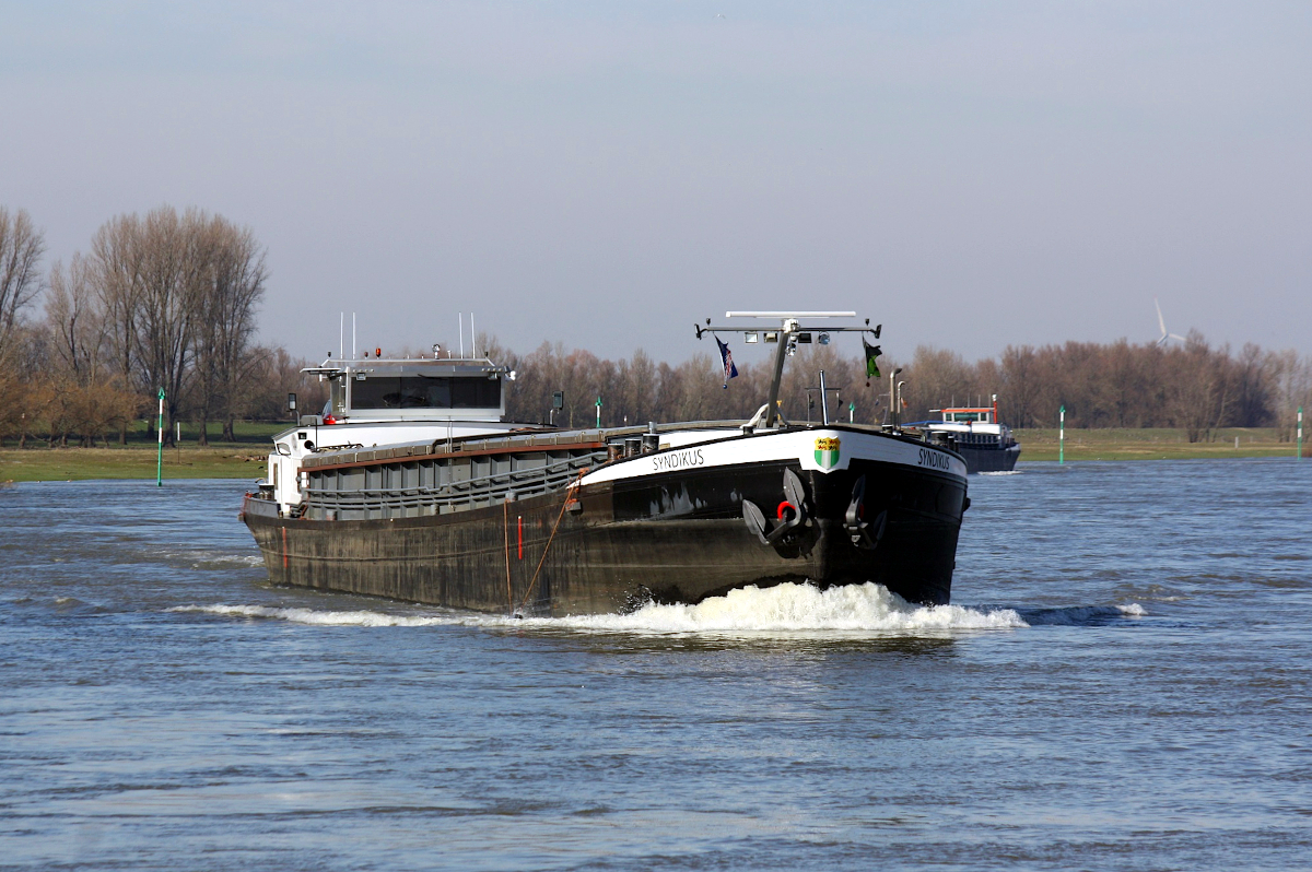 GMS SYNDIKUS (ENI:02315576) L.80 m B.8,22 m T 1167 Baujahr 1963 Flagge Belgien am 28.02.2022 auf dem Rhein in Xanten zu Berg.