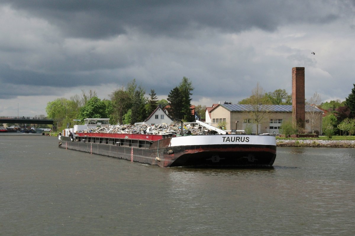 GMS Taurus (02323446 , 80 x 9m) am 26.04.2018 im Elbe-Havelkanal in Genthin zu Tal unterwegs.