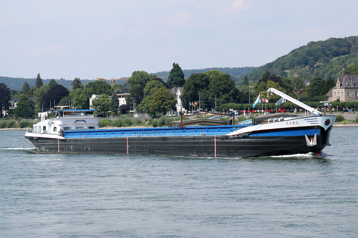 GMS TYRO, ENI 02008214, Nieuwegein/NL. Zu Berg fahrend auf dem Rhein bei Bonn-Mehlem am 22.07.2020.