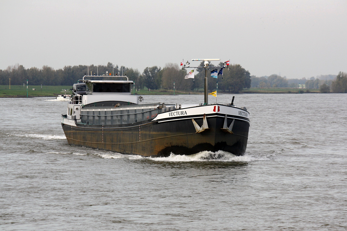 GMS Vectura (ENI:02311970) L.63m B.7,20m T.865 am 23.10.2019 auf dem Rhein zu Berg bei Xanten.