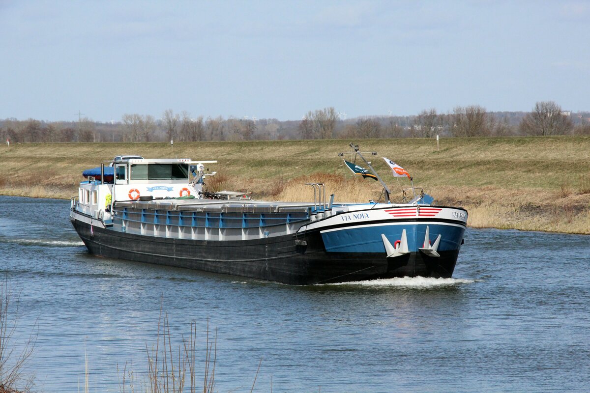 GMS  VIA NOVA  (03170631 , 60 x 6,60m) am 29.03.2022 zw. Artlenburg/Elbe und dem Schiffshebewerk Scharnebeck im  ELBE-SEITENKANAL  auf Bergfahrt.