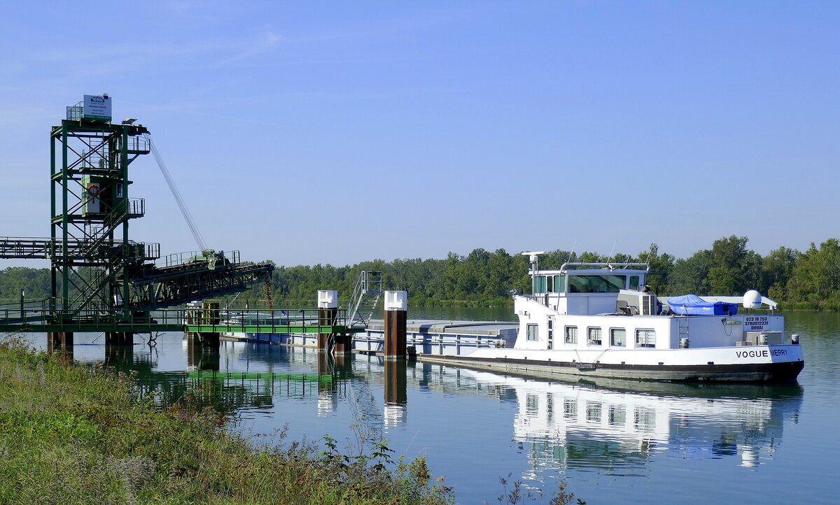 GMS  Vogue Merry , an der Kiesverladeanlage in Burkheim am Rhein, L=85m, 1255t, 1000PS, Baujahr 1962, gemeldet in Donai/Frankreich, Sept.2023