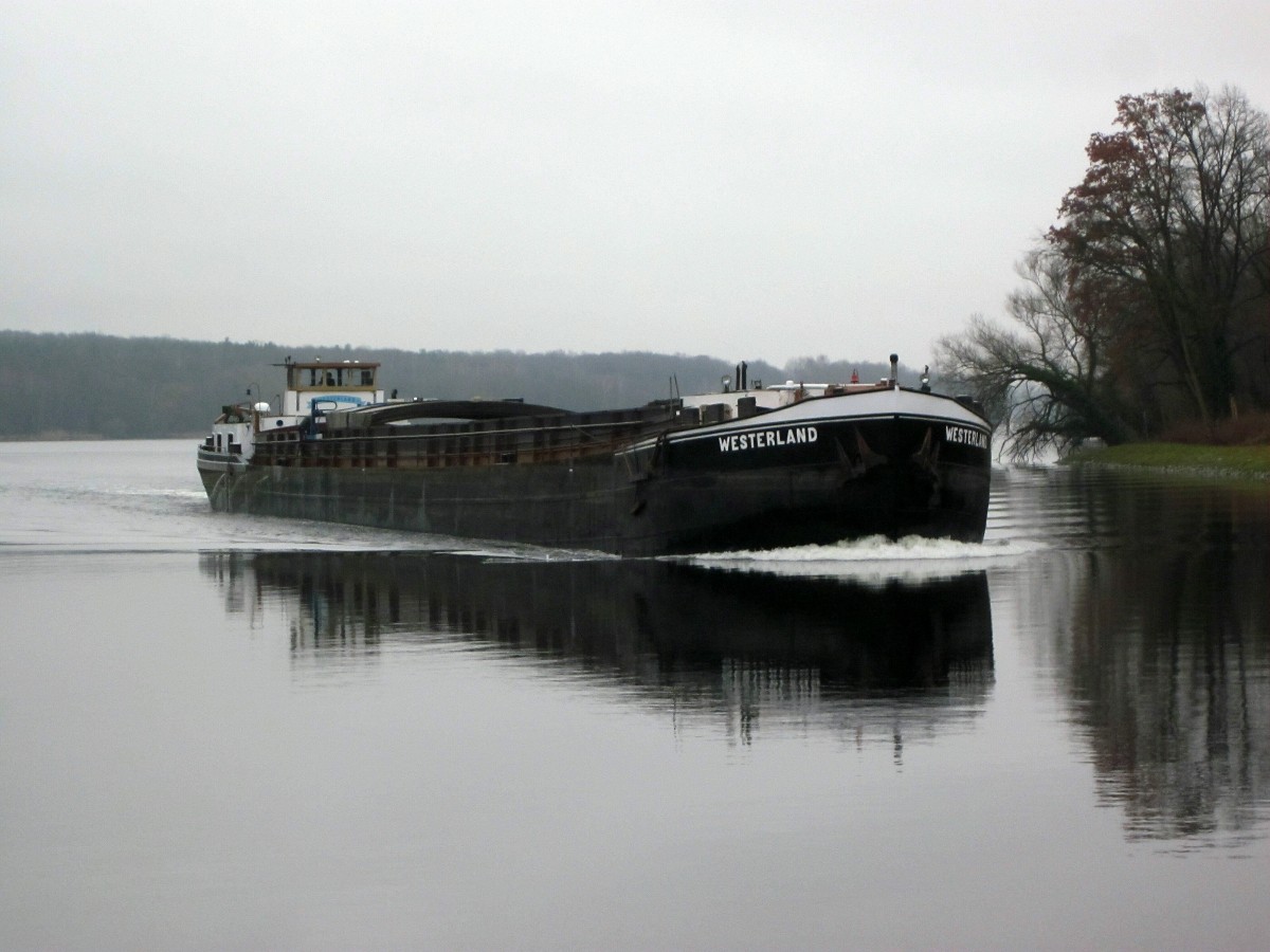 GMS Westerland (04601070 , 80 x 8,20m) kam am 30.01.2015 vom Jungfernsee und fuhr zu Tal in den Sacrow-Paretzer Kanal ein.