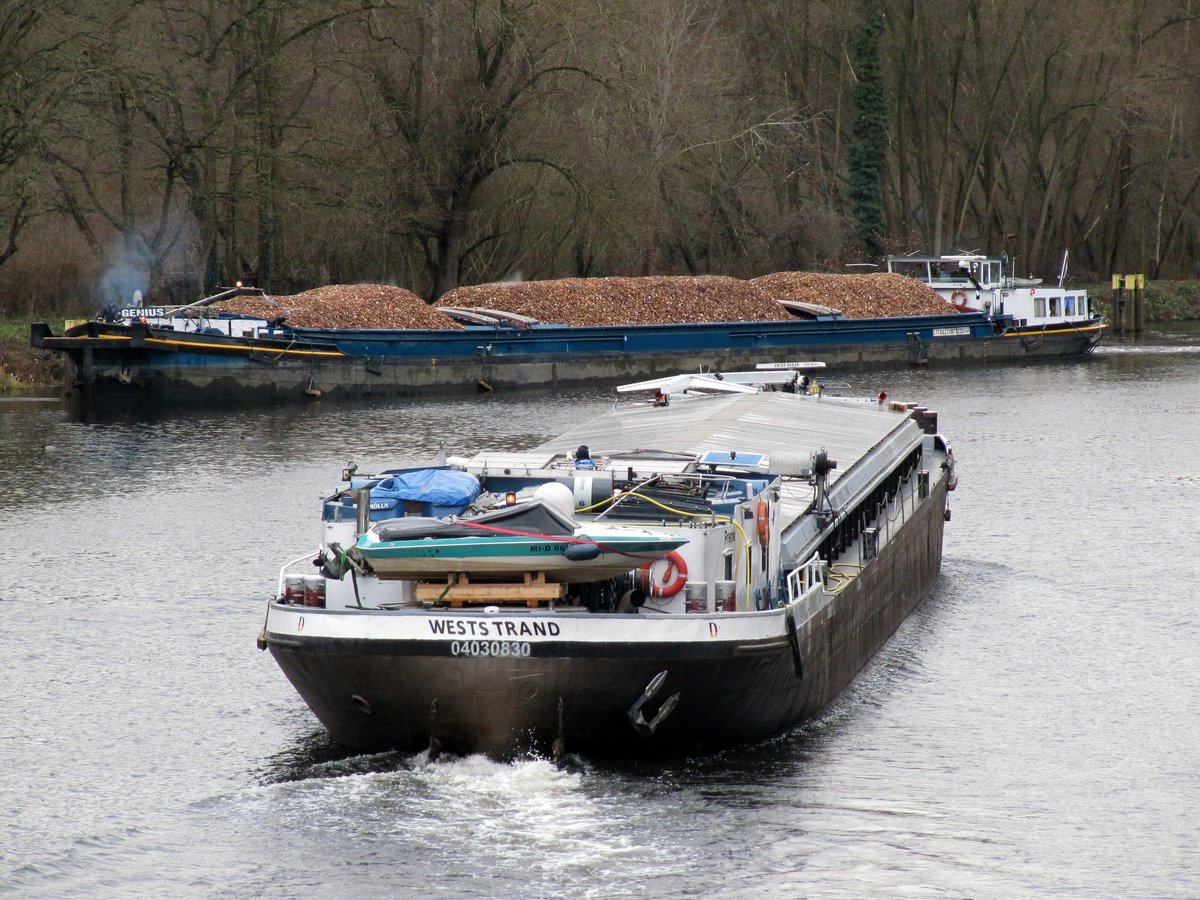 GMS Weststrand (04030830 , 66,90 x 8,19m) am 14.12.2017 im Unterwasser der Schleuse Kleinmachnow auf dem Teltowkanal zu Tal. GMS Genius (02205144 , 77 x 8,2m) legte ab um in die Nordkammer einzufahren.