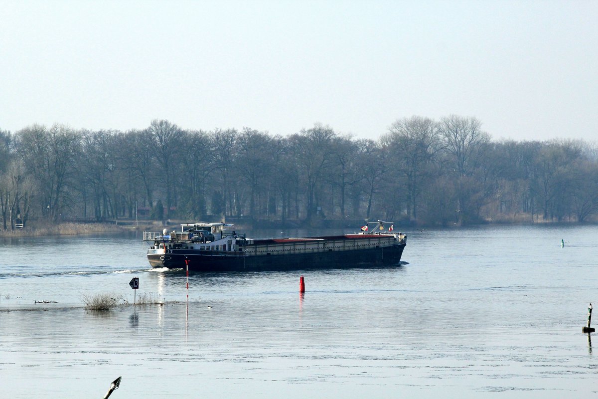 GMS Zenit (04804810 , 85 x 9,50m) am 08.02.2018 auf der Elbe bei Lauenburg zu Tal.