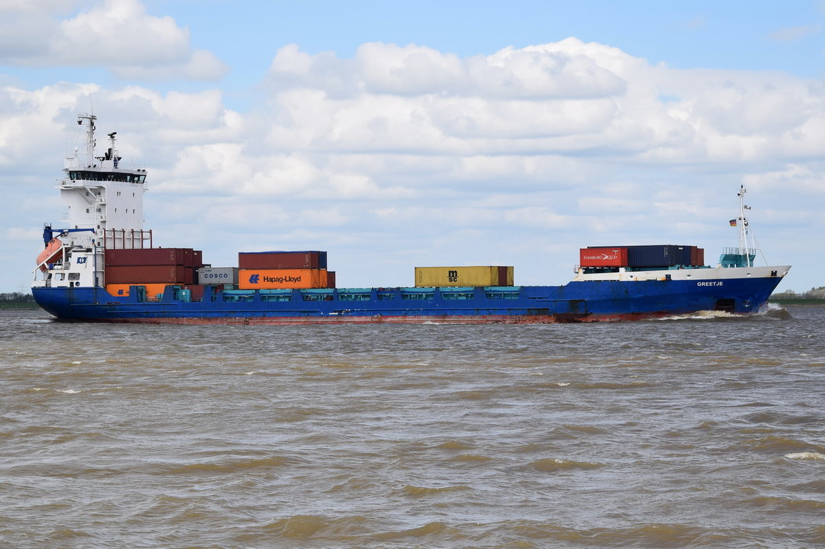 GREETJE , Feederschiff , IMO 9186388 , Baujahr 1998 , 658 TEU , 118.3 × 17.9m  , 08.05.2017  Grünendeich

