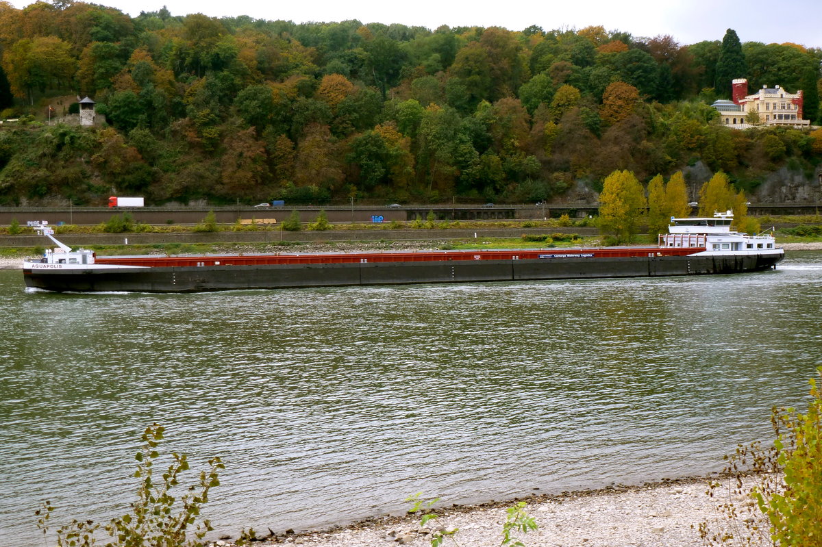 Gütermotorschiff Aquapolis, Flagge: Belgien. Bergfahrt auf dem Rhein bei Unkel. Aufnahmedatum: 17.10.2016