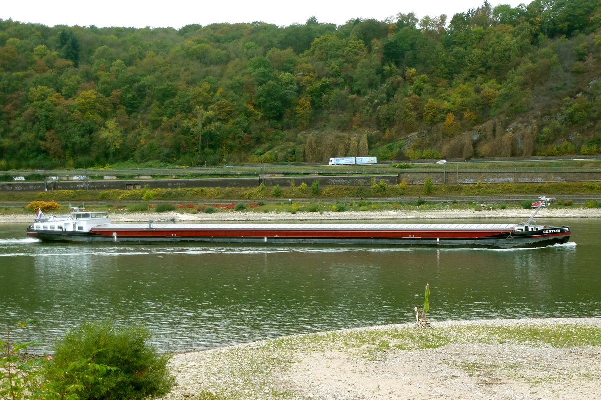 Gütermotorschiff Centina, Flagge: Niederlande. Talfahrt auf dem Rhein bei Unkel. Aufnahmedatum: 17.10.2016
