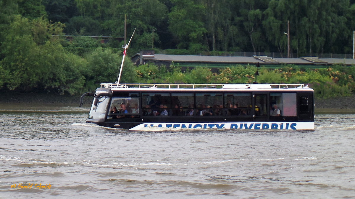 HafenCity RiverBus (ENI 47000293) am 16.7.2017, Hamburg, Billwerder Bucht /
Amphibienbus für 36 Fahrgäste + 3 Crewmitglieder  / MAN-Lkw Fahrgestell / Antrieb - auf der Straße: 1 Diesel, MAN, 280 PS, 65 km, Heckantrieb, konventionelle Lenkradsteuerung  / im Wasser: 2 Diesel, 2 Jetantriebe, 7 kn, Steuerung über 2 Joysticks / gebaut 2016 bei Swimbus, Budapest / Heimathafen: Lom, Bulgarien /
