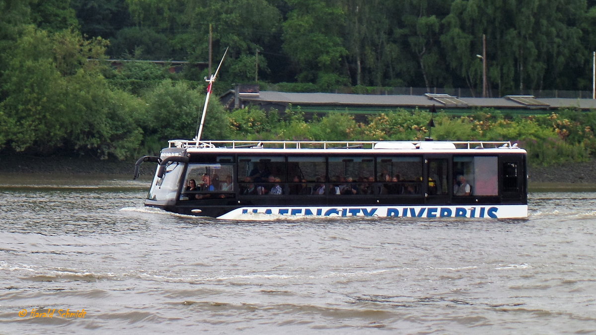 HafenCity RiverBus (ENI 47000293) am 16.7.2017, Hamburg, Billwerder Bucht /
Amphibienbus für 36 Fahrgäste + 3 Crewmitglieder  / MAN-Lkw Fahrgestell / Antrieb - auf der Straße: 1 Diesel, MAN, 280 PS, 65 km, Heckantrieb, konventionelle Lenkradsteuerung  / im Wasser: 2 Diesel, 2 Jetantriebe, 7 kn, Steuerung über 2 Joysticks / gebaut 2016 bei Swimbus, Budapest / Heimathafen: Lom, Bulgarien /
