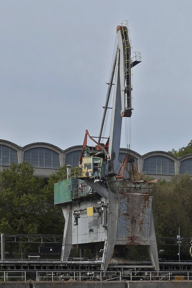 Hafenkran der Ehemaligen Zement Fabrik am Rande der Maas in Sint – Pietersberg bei Maastricht. 10.2023