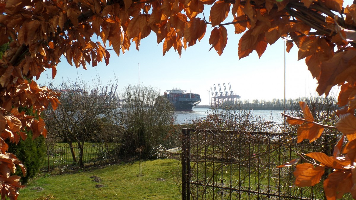 Hamburg am 11.3.2014: Blick vom Elbwanderweg in Övelgönne zum Parkhafen. Dort wird gerade die HANJIN HARMONY gedreht und rückwärts in den Waltershofer Hafen gebracht.
