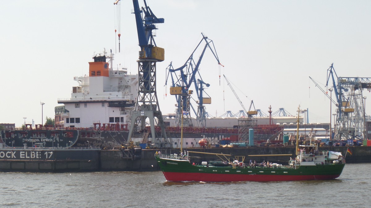 Hamburg am 4.7.2015: Hafenansicht Blohm + Voss Trockendock Elbe 17 mit dem darin liegendem Hapag-Lloyd Containerschiff LIVERPOOL EXPRESS, davor das einlaufende Museumsschiff GREUNDIEK  