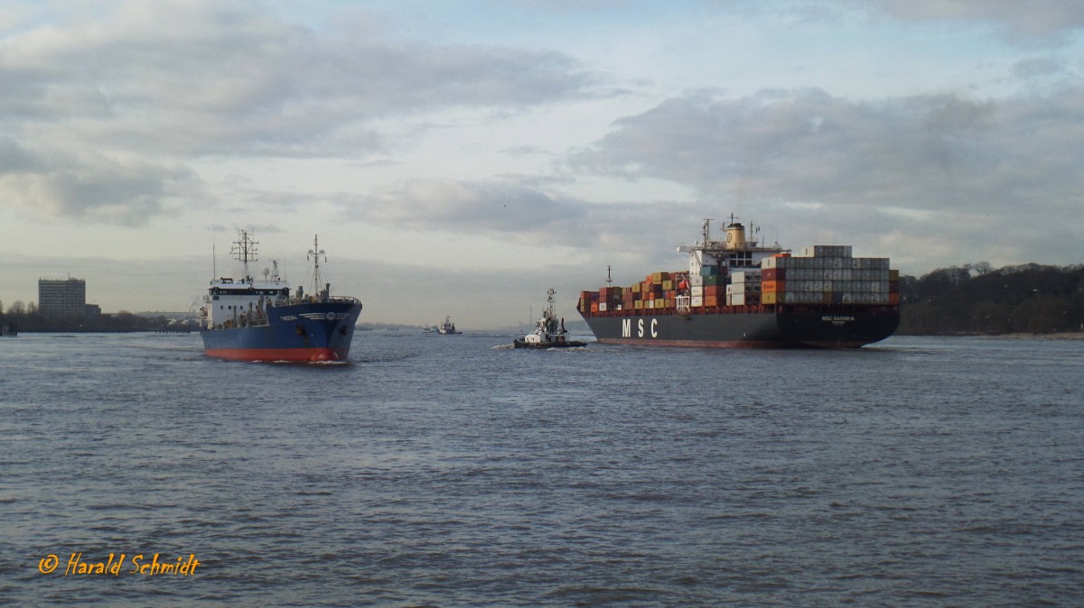 Hamburg am 9.1.2016: Schiffsverkehr vor Finkenwerder, Blick vom Bubendeyufer elbabwärts