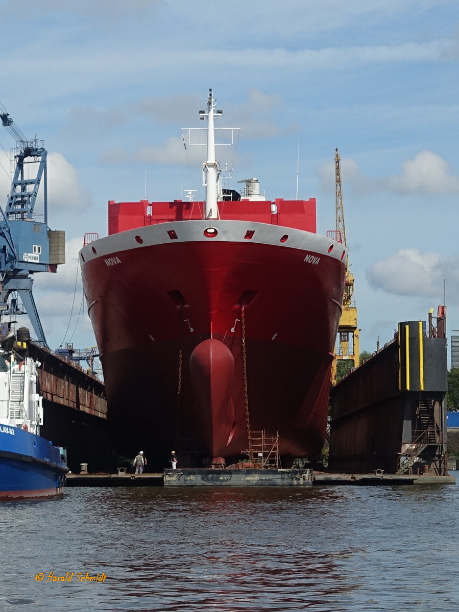 Hamburg am 9.8.2022: Blick in das Dock 1 der Lürssen/Norderwerft im Reiherstieg mit eingedocktem Feederschiff NOVA,  (Dock 1: L=164 m, B = 28 m, Seitenkastenhöhe 15,2 m, Tragfähigkeit 12.500 t)  /