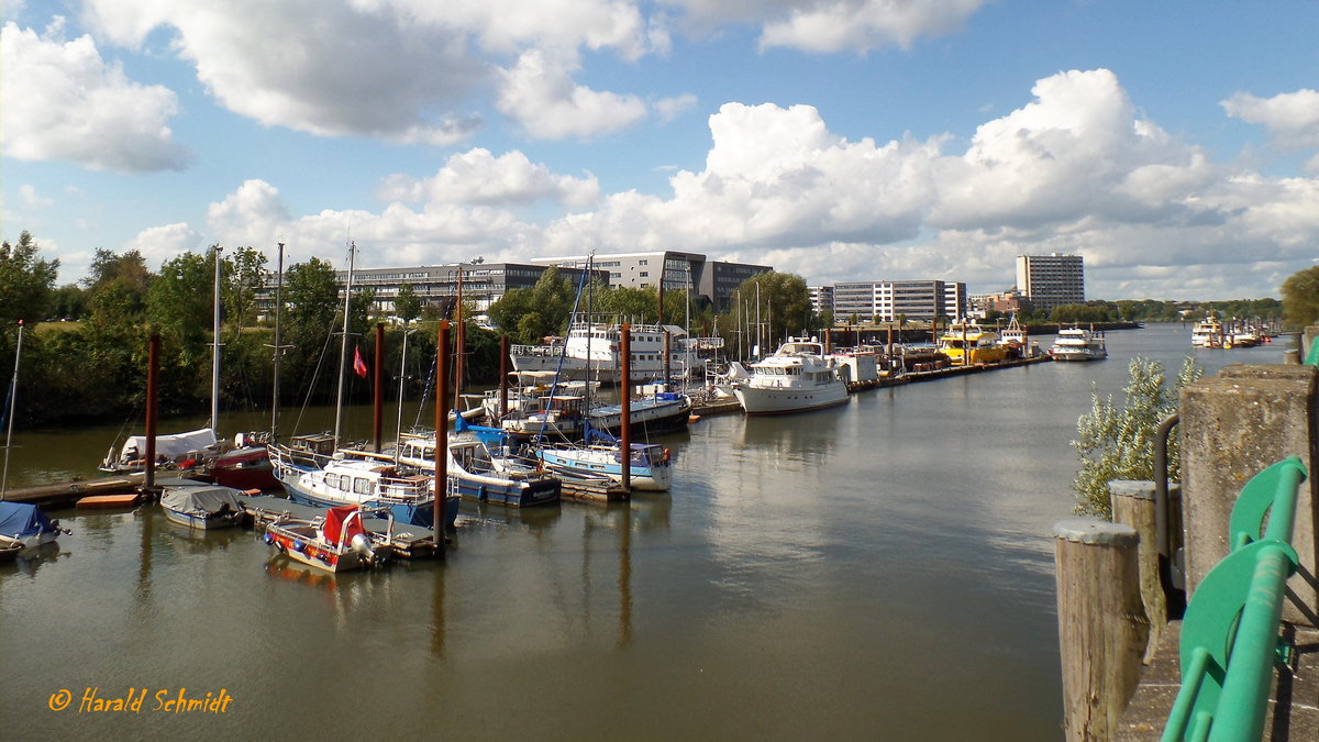 Hamburg-Finkenwerder im Steendiekkanal am 15.9.2017: Blick zur Elbe, dahinter Airbus  /