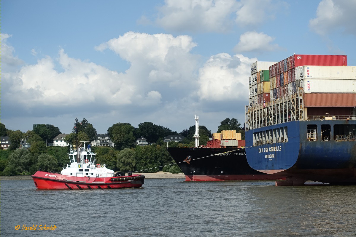 Hamburg,Elbe Höhe Bubendeyufer am 21.8.2019: Schlepper ZP BOXER (IMO 9597355) am Heck der einlaufenden CMA CGM CORNEILLE (IMO 9409170) begegnen der  ausfahrenden SYNERGY BUSAN (IMO 9450571) /

