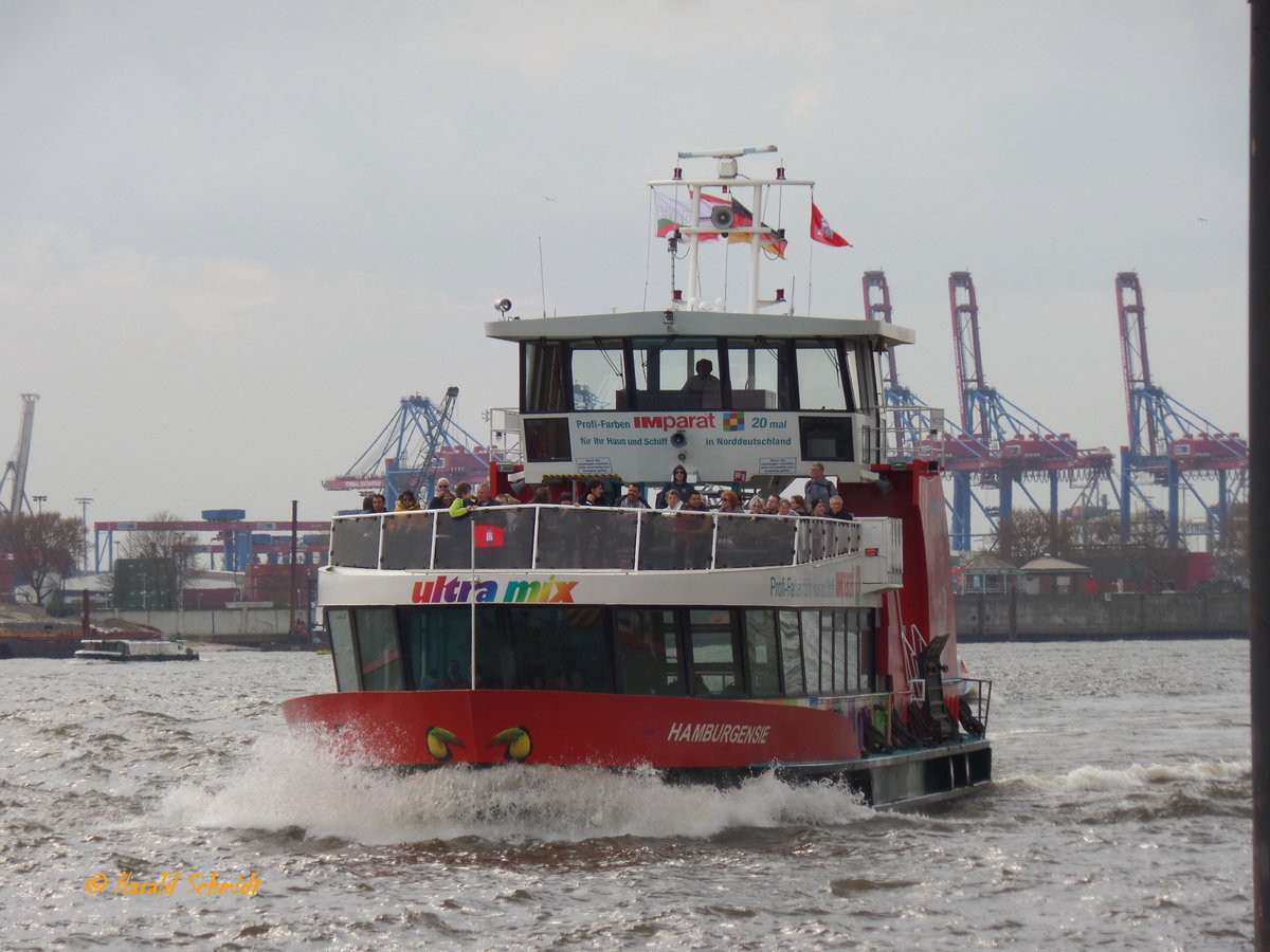 HAMBURGENSIE (ENI 04810920) am 4.4.2016, Hamburg, Elbe, Höhe Neumühlen /

Fährschiff Typ 2000 / HADAG / Lüa 29,92 m, B 8,26 m, Tg 1,7 m / 2 Diesel, Volvo Penta D 13-C, ges. 662 kW (900 PS), 2 Ruder-Propeller, SRP 200, 12 kn / max. 250 Pass., Sitzplätze Hauptdeck 124, Oberdeck 88 / 2013 bei SSB, Oortkaten, Hamburg / Fahrtgebiet: Binnenwasserstraßen bis zur Seegrenze / dieses Schiff wurde als 13. dieses Typs in Dienst gestellt /
