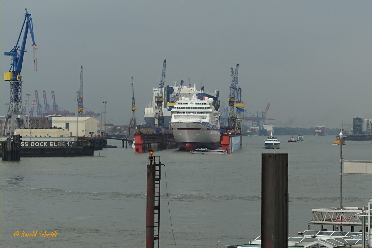 Hamburger Elb-Impression: von den Landungsbrücken elbabwärts bis Finkenwerder, im Vordergrund die Werft Blohm+Voss mit den Schiffen EUROPA und ATLANTIC SAIL in den Schwimmdocks / 