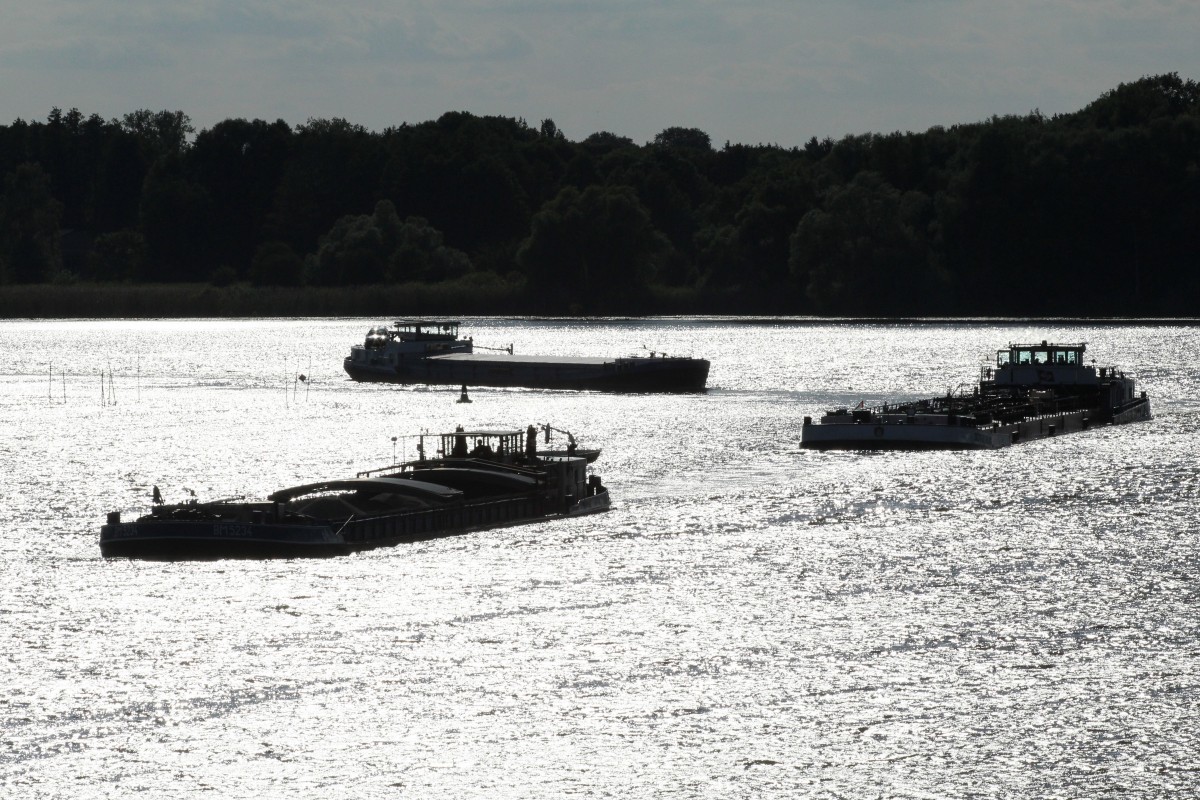 Herrliche (wie ich finde) Gegenlichtaufnahme am 23.06.2014 im Wendsee / Havel / Elbe-Havel-Kanal. An Pos.1 fährt GMS BM5234 (08340128) , Pos.2 TMS Dettmer Tank 83 (04015310) und an Pos.3 GMS Lodo (02312976) zu Berg Richtung Seegartenbrücke und Plauer See.