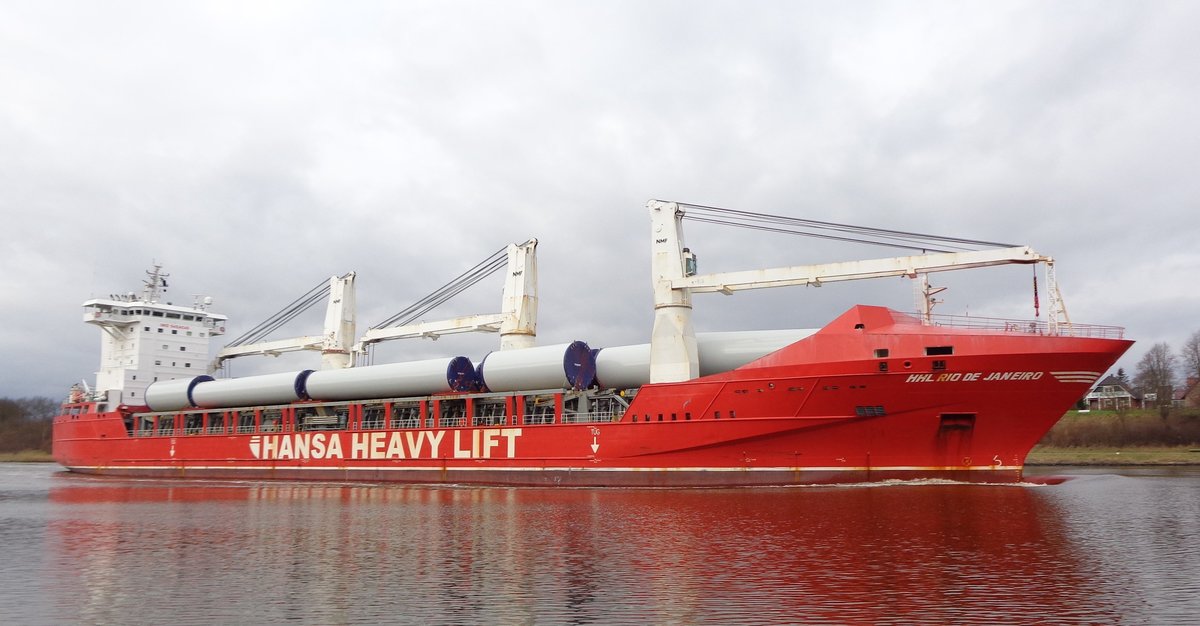 HHL RIO DE JANEIRO -ex BELUGA HOUSTON - IMO 9424546 -2009 in China gebaut 20170 To.
HHL = Hansa Heavy Lift aus Hamburg - am 07.02.2016 in Sehestedt am NOK.