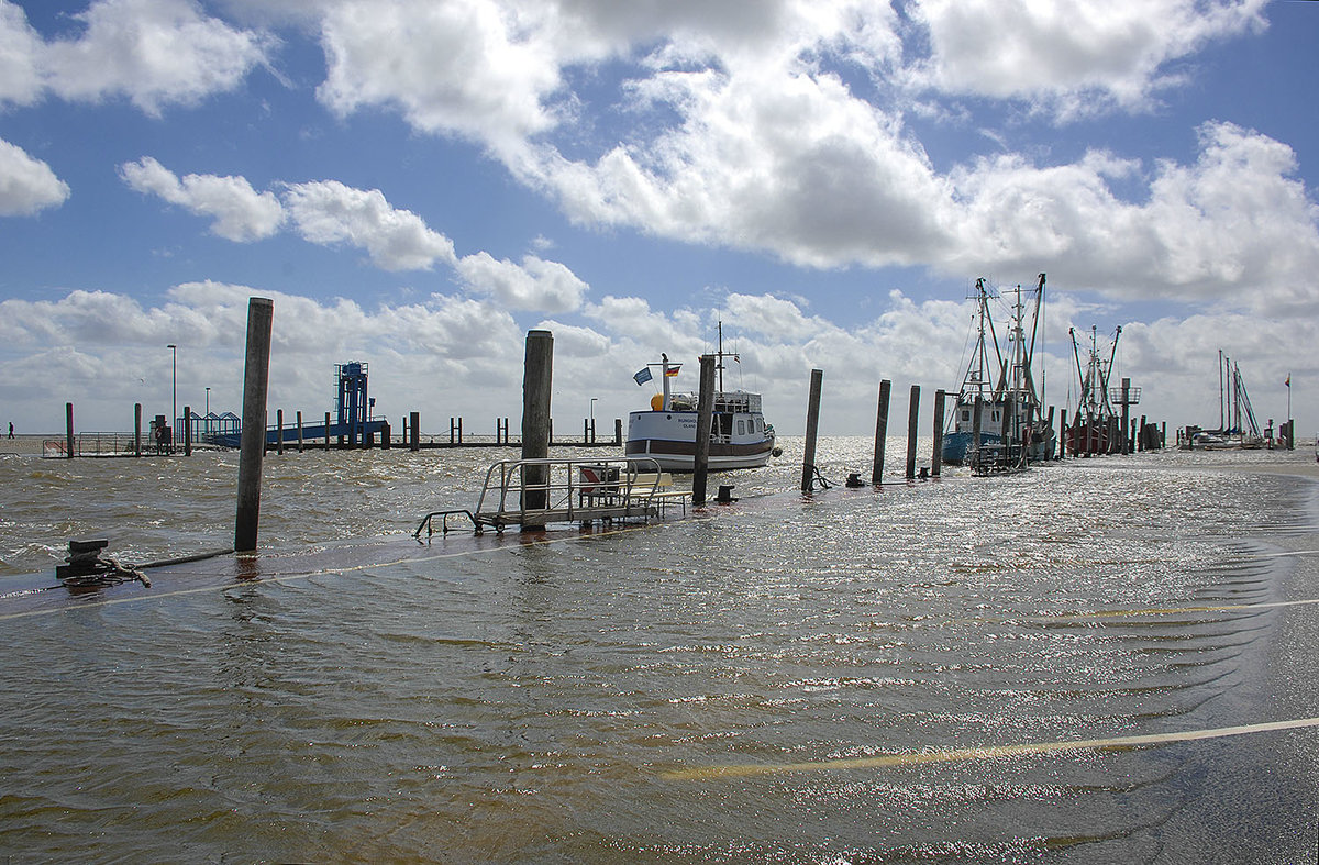 Hochwasser am Nordseehafen Schüttsiel im Kreis Nordfriesland. Schlüttsiel ist kein gewachsener Ort, sondern besteht aus einem 1959 erbauten Hafen mit einem Abfertigungsterminal und einer Kraftfahrzeug-Verladestation sowie einem historischen Sielgebäude. Zudem gibt es einen Gastronomiebetrieb mit Fremdenzimmern sowie seit 1980 direkt am Parkplatz ein Besucherzentrum des Vereins Jordsand mit Informationen zum Nationalpark Schleswig-Holsteinisches Wattenmeer und zum Vogelschutz.

Aufnahme: 25. Juni 2017.