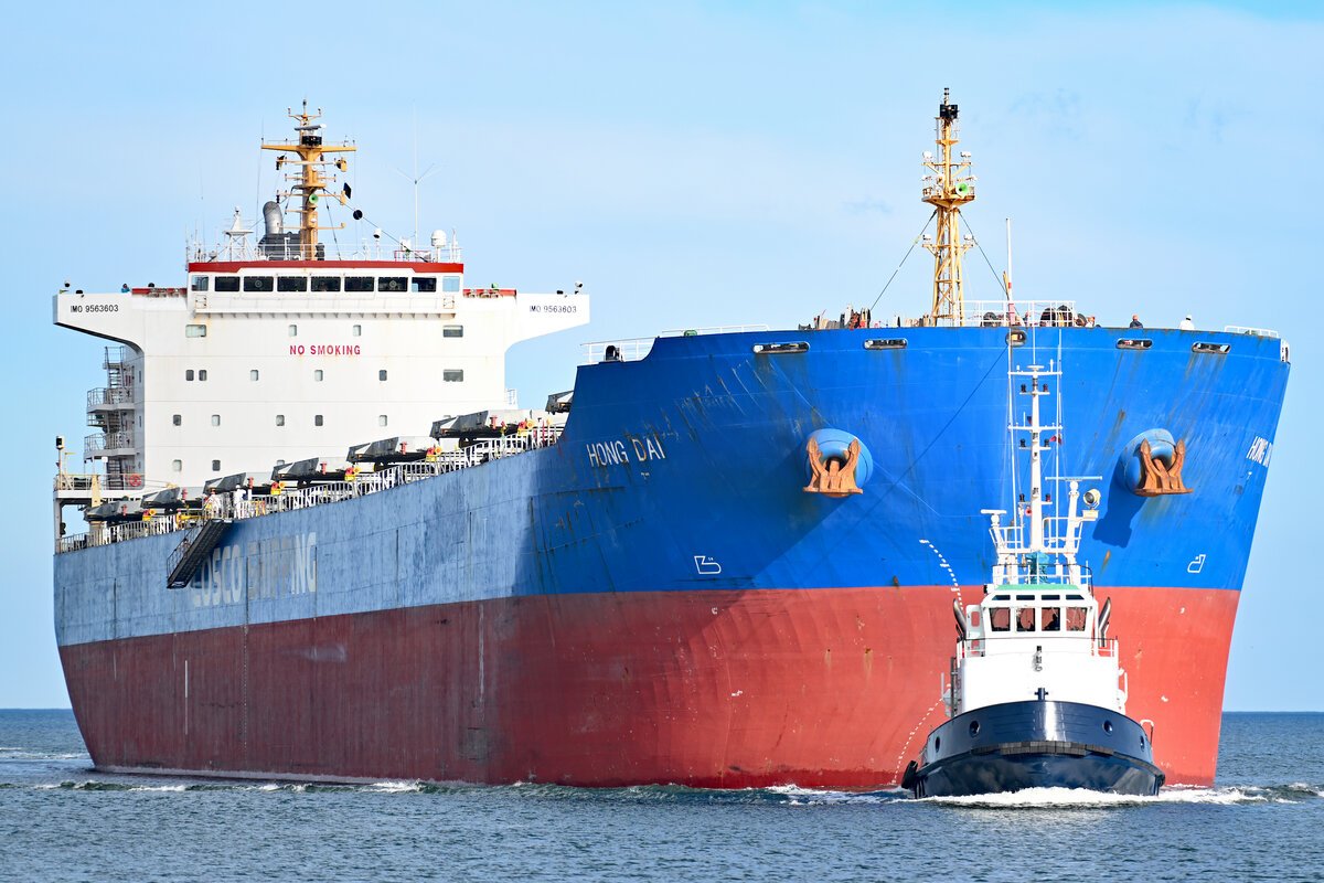 HONG DAI, 225 Meter langer Bulk Carrier, IMO 9563603, am 24.02.2024 in der Ostsee vor Lübeck-Travemünde