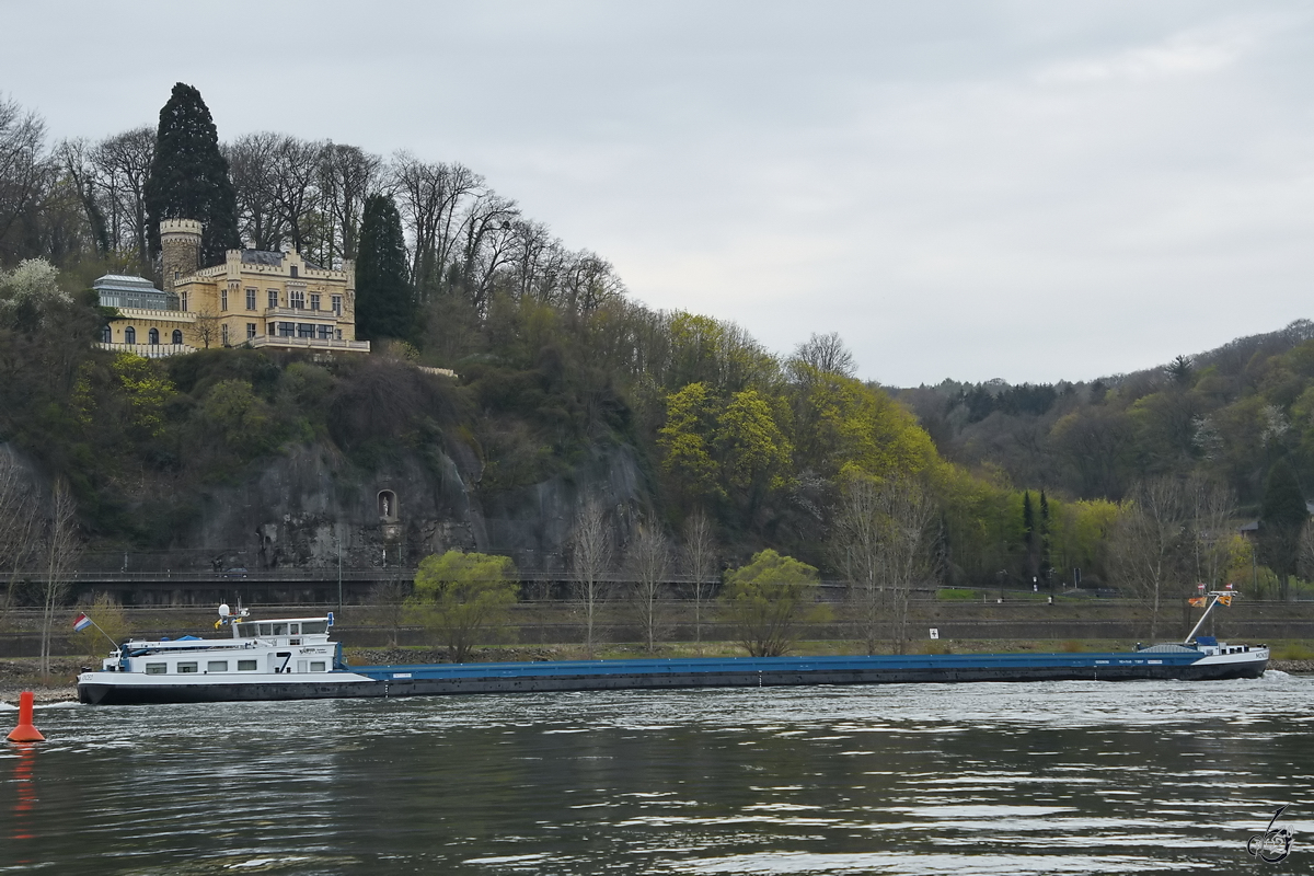 Im Bild das Gütermotorschiff MONDEO (ENI: 02328092). (Unkel, April 2021)