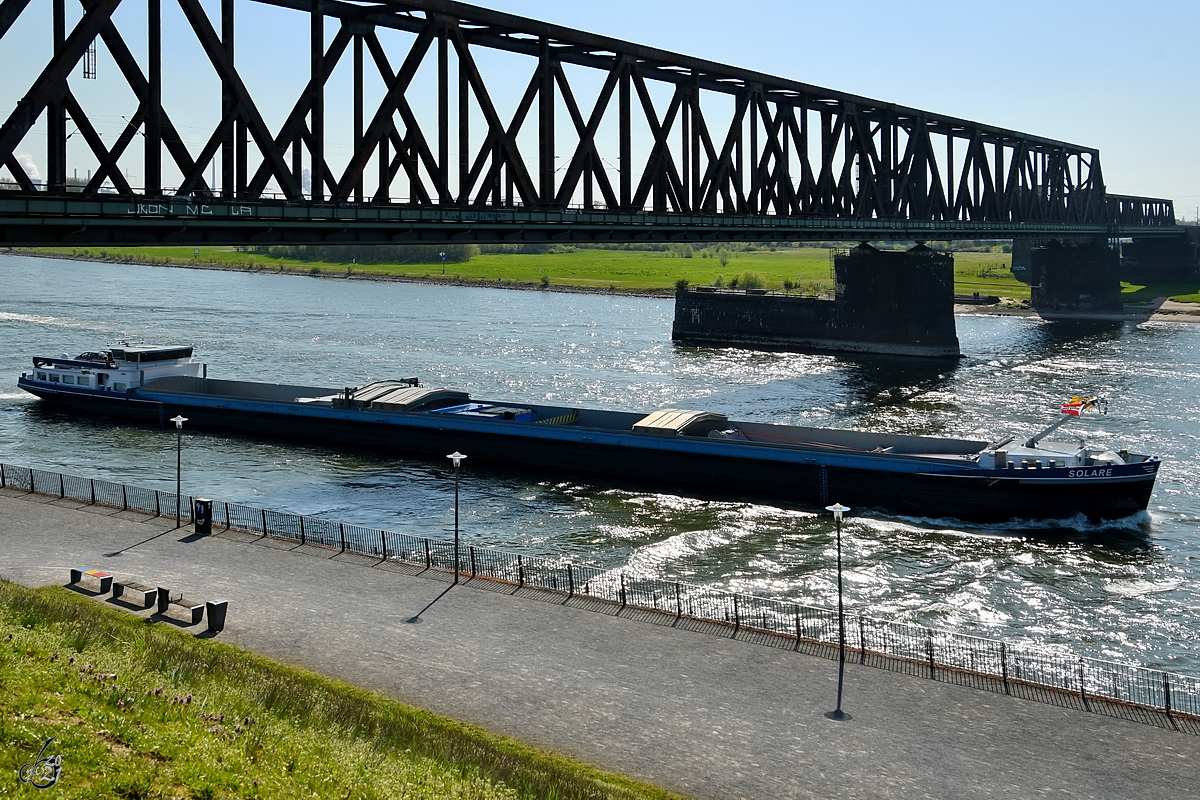 Im Bild das Gütermotorschiff SOLARE (ENI: 02331449), welches Mitte April 2021 auf dem Rhein unterwegs war.